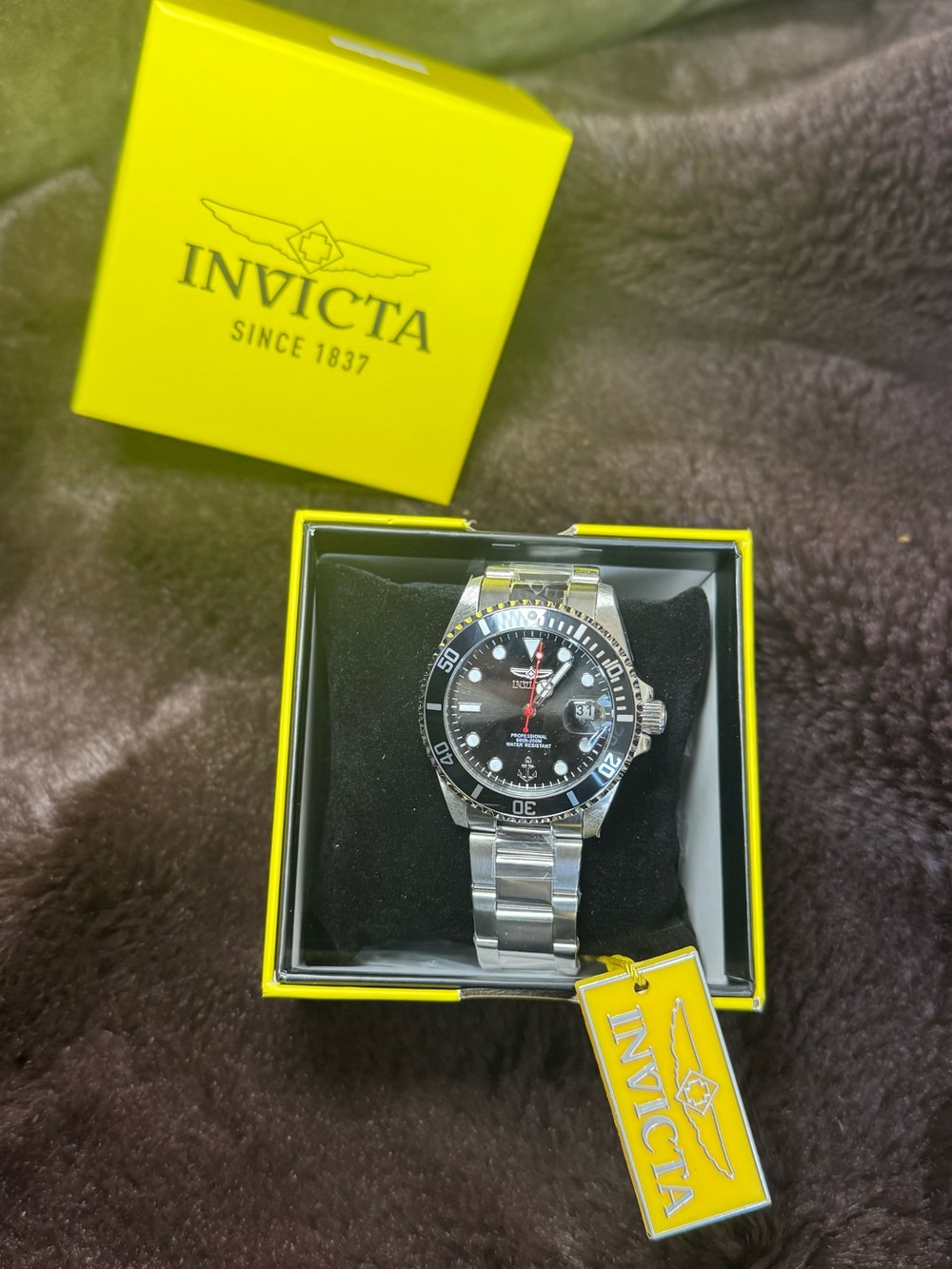 Invicta Silver Watch with Black Dial and Yellow Box